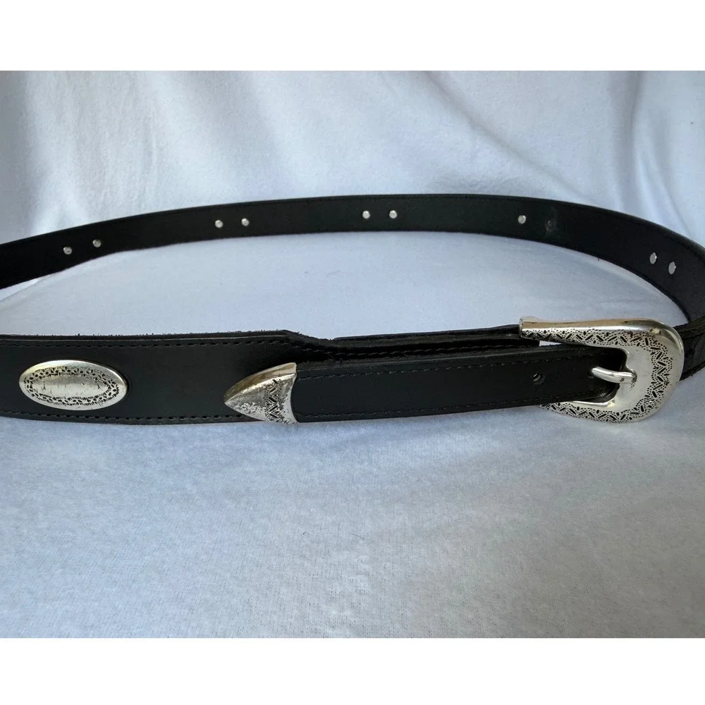 Brighton Leather Belt Womens 46 Black Western Silver Concho Engraved Buckle